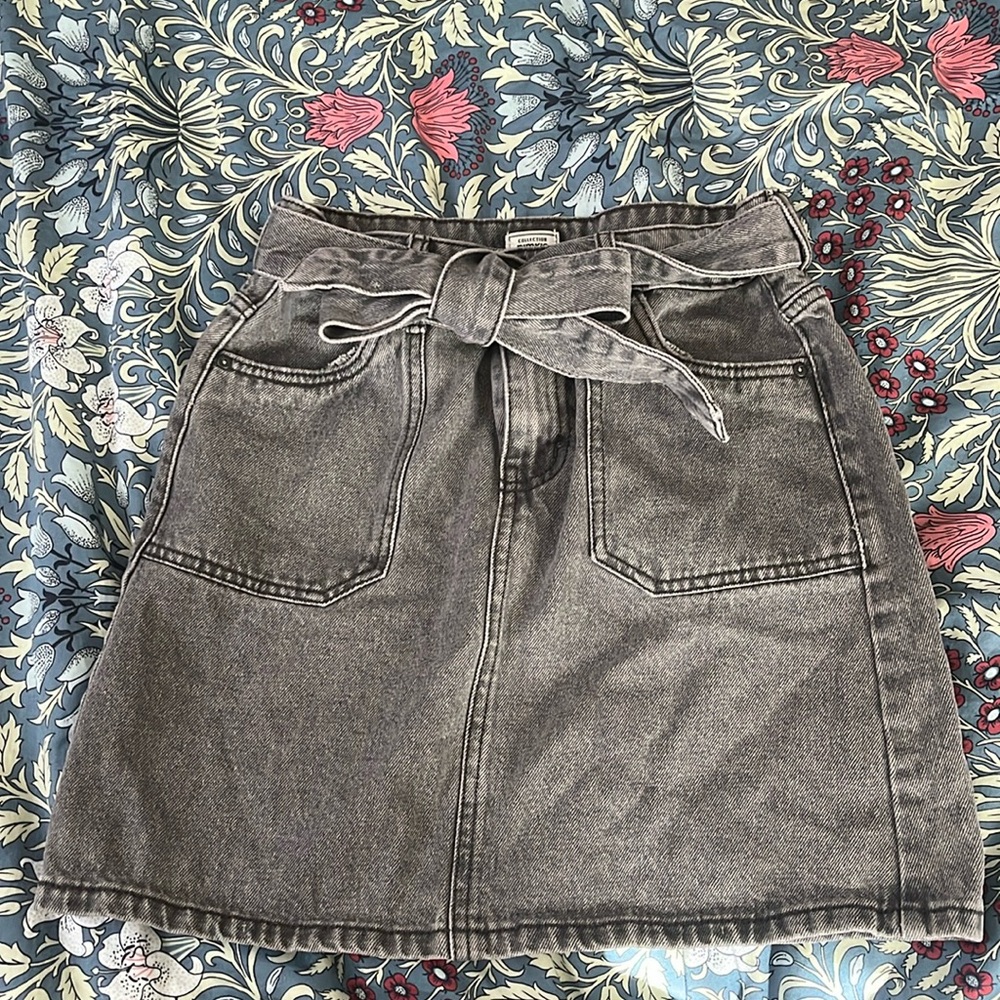 Belted Grey Denim Mini Skirt